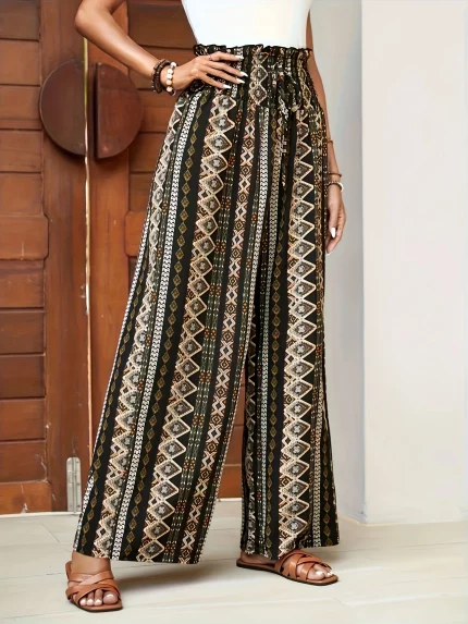 Women's Bohemian Wide-Leg Pants - Tribal Print, High-Waisted
