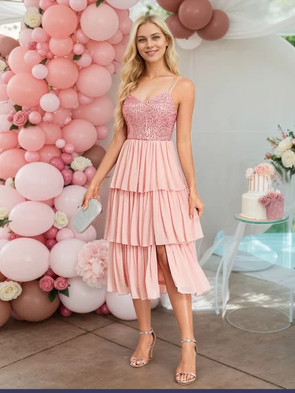 Summer Limited Edition Halter Strap Ruffled Mini Dress - Cherry Blossom Pink Satin-Textured