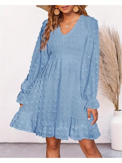 Women'S Casual V-Neck Long Sleeve Chiffon Mini Dress with Ruffle