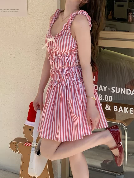 Women Striped Tank Dress Slim Tie-up Bow Frill Trim Scoop Neck