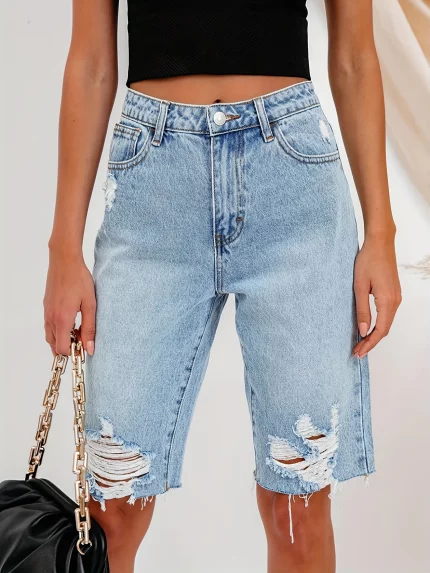 Women's Retro Ripped Denim Shorts - Mid-Rise Distressed Light Blue Jeans
