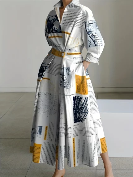 Ladies' Personalized Newspaper Printed Collar A-line Dress