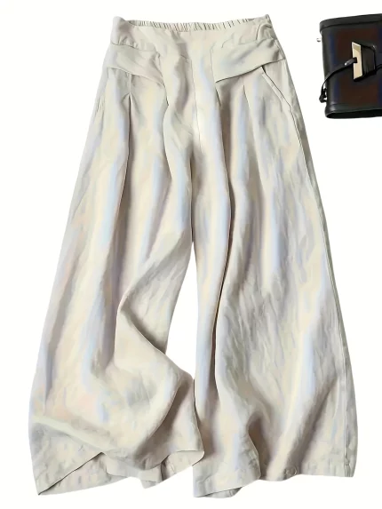 Women'S High-Waisted Loose-Fit Pants - Beige, Casual Wide-Leg Skirt