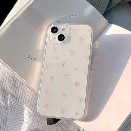 A Transparent TPU Phone Case with Pink Flowers And a Small Bow, Compatible with Iphone Models 16