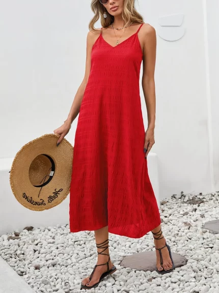 Women's Red V-Neck Sleeveless Maxi Dress - Casual A-Line Summer Dress