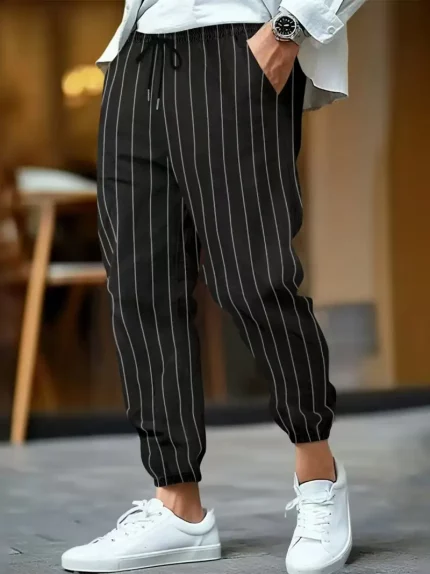 Men'S Casual Striped Pants - Loose Fit Elastic Waist Drawstring