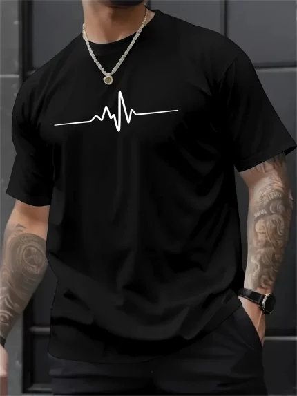 Men's Crew Neck T-Shirt - Minimalist Heartbeat Line Graphic Tee
