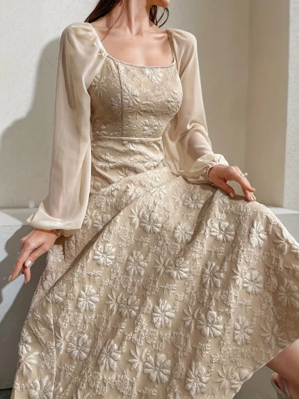 Floral Textured A-Line Dress with Lantern Sleeves