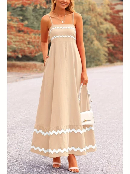 Women's Sleeveless Square Neck A-Line Beach Dress with Spaghetti Straps & Ruffled
