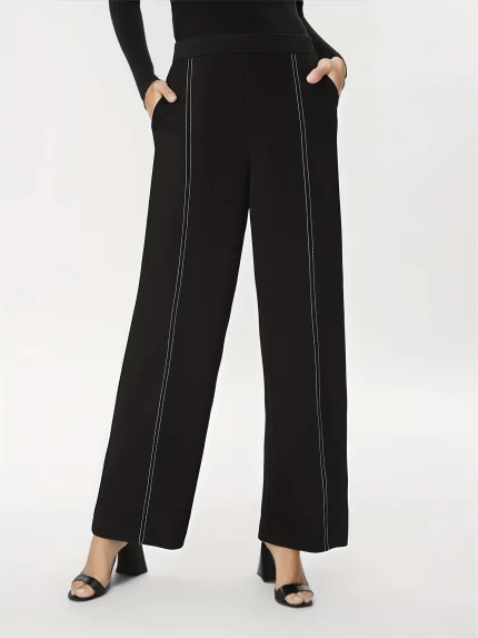 Women'S Solid Colour High Waisted Trousers-With Pockets Fashion Clashing Line Loose Casual Pants