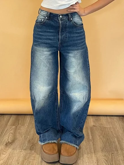 Women's High Waist Baggy Jeans - Vintage Washed Blue Wide Leg Denim