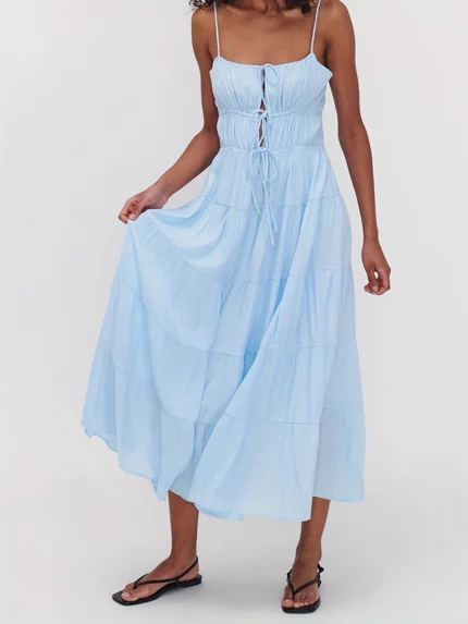 Women'S Strapless Backless Sleeveless Halter with Tiered Halter