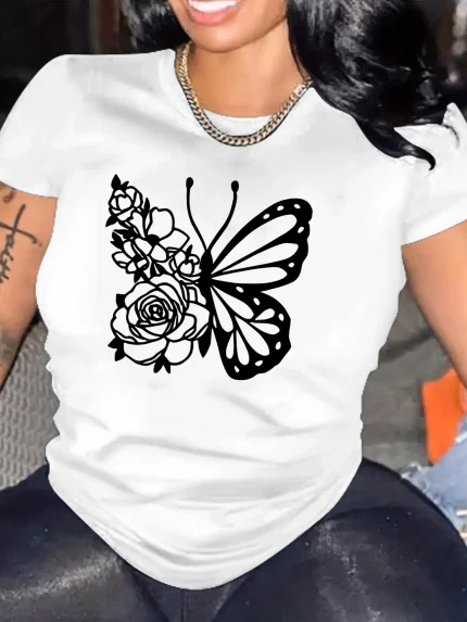 Women's Floral & Butterfly graphic T-Shirt - Soft Everyday Casual Top with