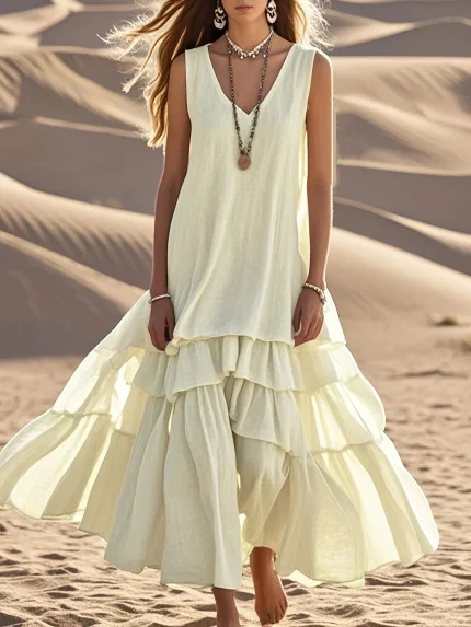 2025 Spring/Summer Casual Vintage Solid Color Maxi Dress with Ruffle Detail - Sleeveless