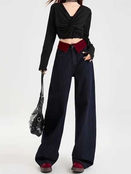 Red Flanged Dark Blue Straight Leg Jeans Women'S Narrow Version