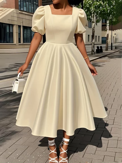 Elegant Beige Square Neck Short Sleeve Midi Dress for Women - Flowing A-Line Cut